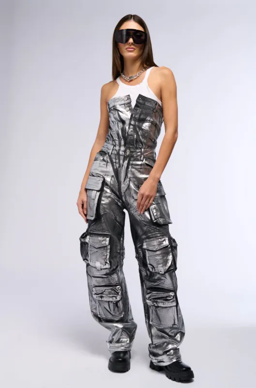 STAR OF THE SHOW METALLIC DENIM JUMPSUIT sold by AKIRA