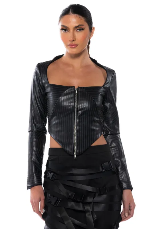 BADDIE FAUX LEATHER SQUARE NECK ZIP FRONT TOP sold by AKIRA