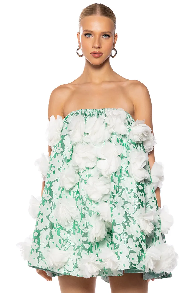 DRAMATIC FLORAL PUFF DETAIL STRAPLESS MINI DRESS sold by AKIRA