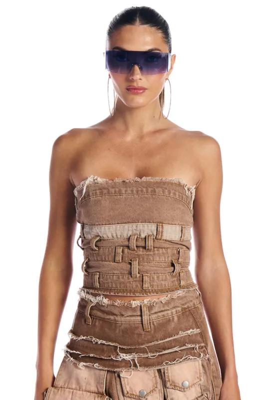 CITY OF ANGELS DENIM CORSET sold by AKIRA