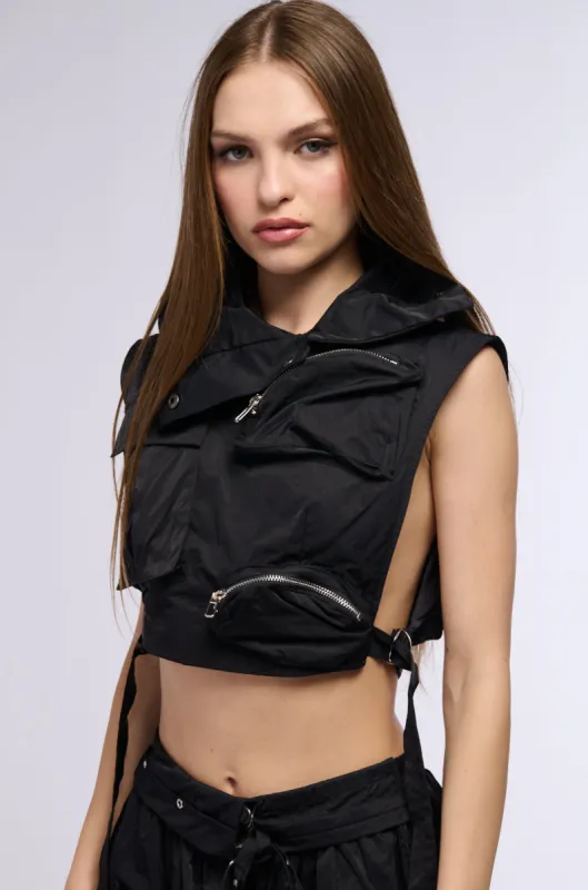 KADEN CARGO SLEEVELESS TOP IN BLACK sold by AKIRA