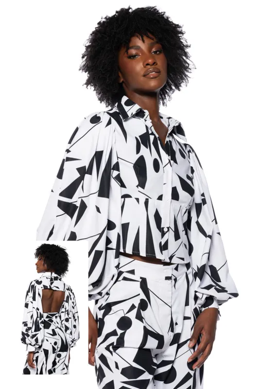 LENNON PRINTED PUFF SLEEVE BUTTON DOWN sold by AKIRA