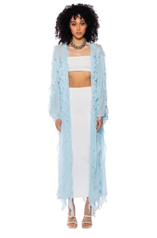 CASCADE RUFFLE MESH DUSTER sold by AKIRA