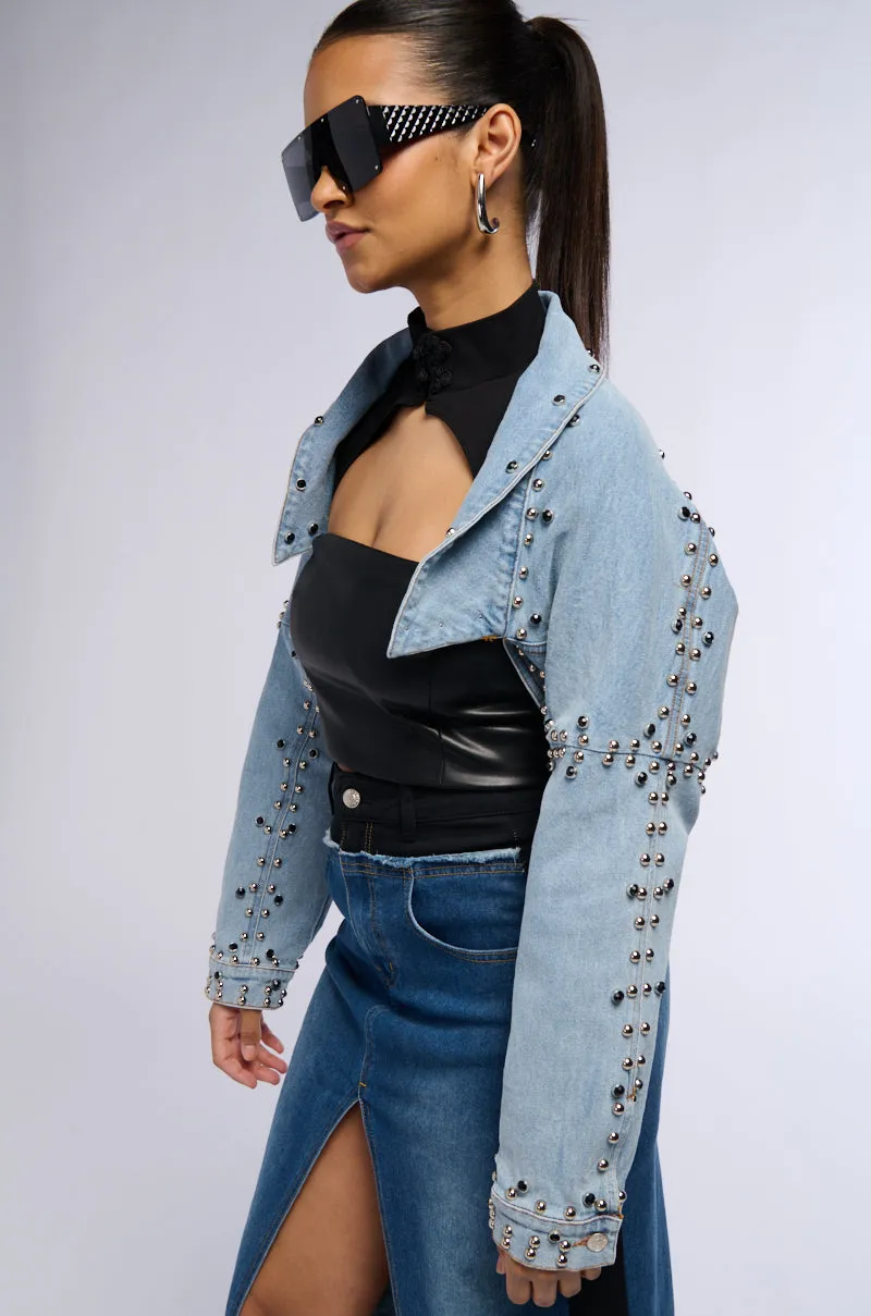 DENIM STUD BOLERO JACKET sold by AKIRA product image thumbnail 3