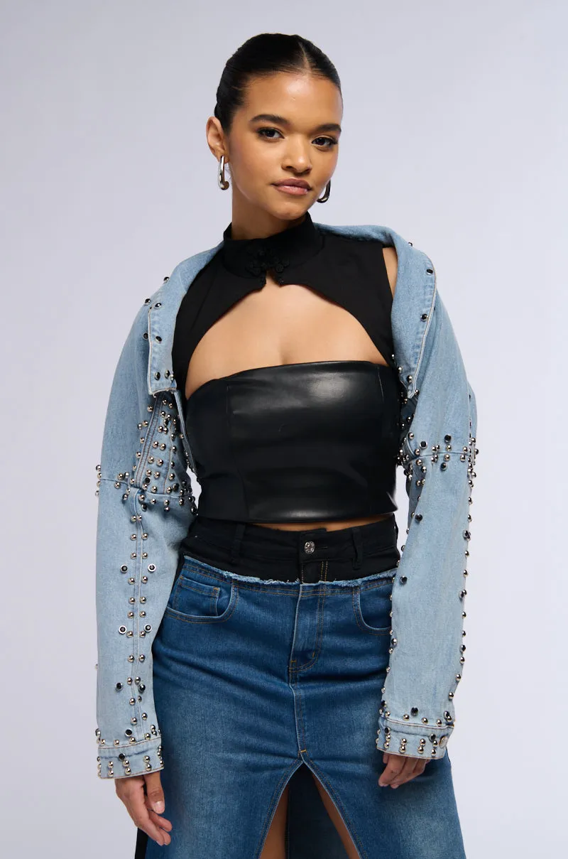 DENIM STUD BOLERO JACKET sold by AKIRA product image thumbnail 4
