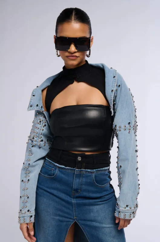 DENIM STUD BOLERO JACKET sold by AKIRA