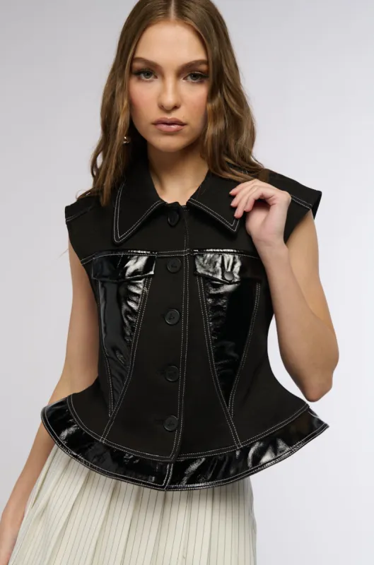 PEPLUM CINCHED VEST WITH PATENT TRIM sold by AKIRA