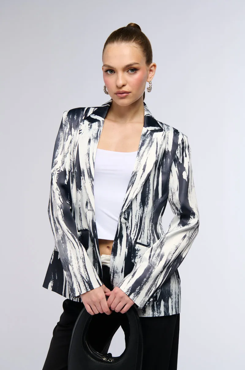 SATIN SCRIBBLE PRINT BLAZER sold by AKIRA