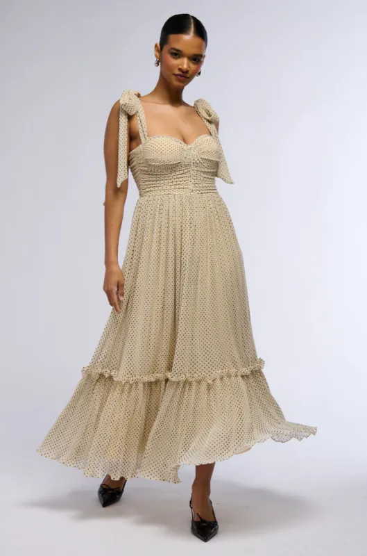 SWEETEST DREAM POLKA DOT TIE SHOULDER MIDI DRESS sold by AKIRA