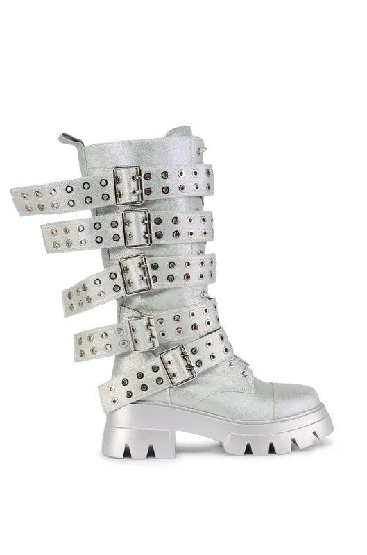 AZALEA WANG MANSI SILVER BUCKLE DETAIL BOOT sold by AKIRA