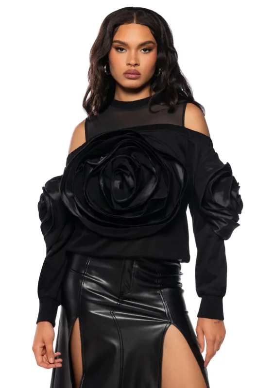 BLOOMING LONG SLEEVE CUT OUT SHOULDER SWEATSHIRT sold by AKIRA