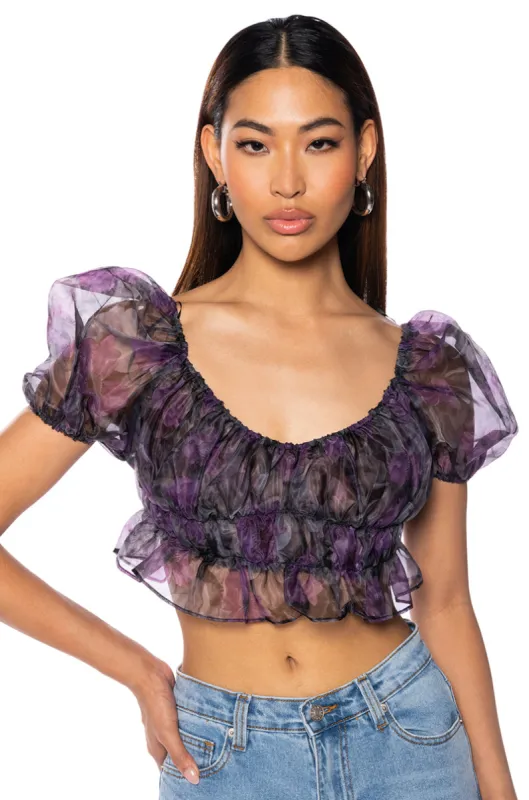 RAIN PRINTED ORGANZA RUCHED CROP BLOUSE sold by AKIRA