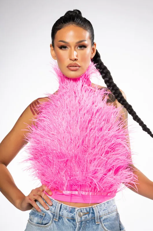 GENUINE OSTRICH FEATHER SLEEVELESS CROPPED HALTER BLOUSE sold by AKIRA