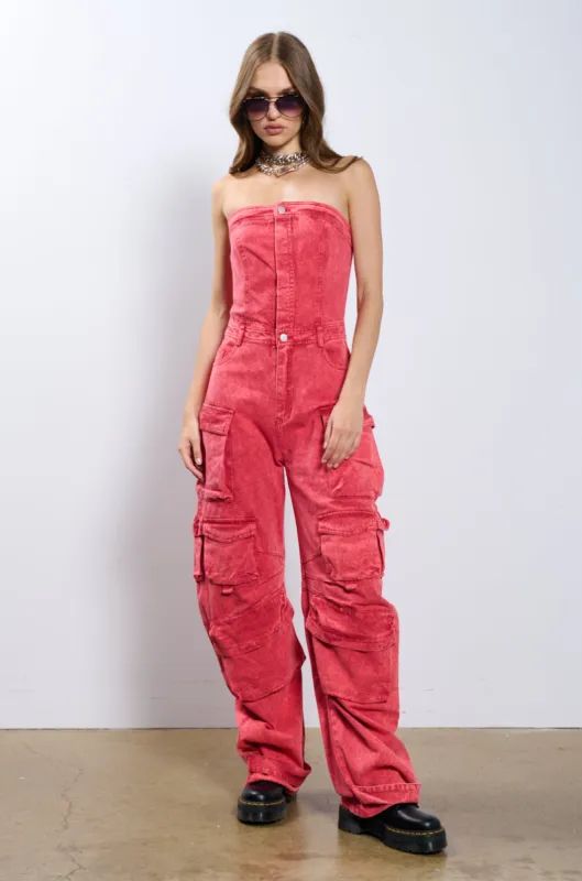 NO ONE LIKE ME CARGO DENIM JUMPSUIT IN RED sold by AKIRA