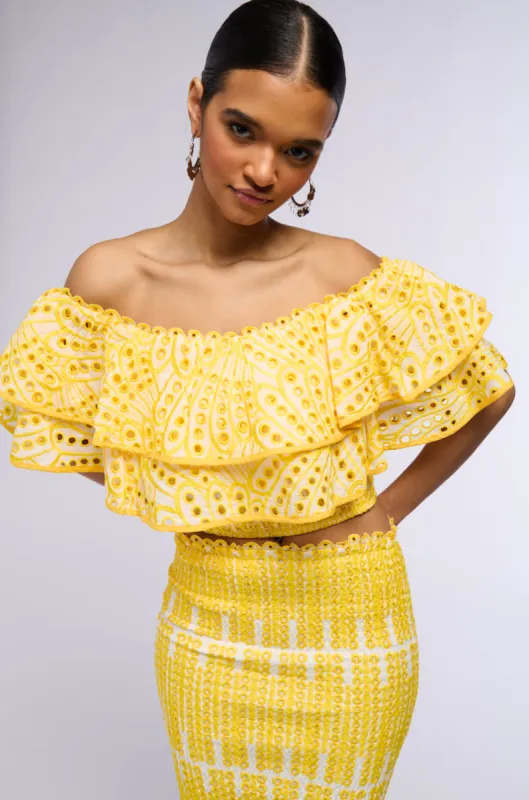 SUMMER LOVING OFF THE SHOULDER RUFFLE CROP BLOUSE IN YELLOW sold by AKIRA