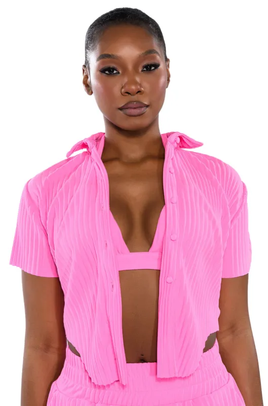 LUCY SHORT SLEEVE BUTTON DOWN IN PINK sold by AKIRA