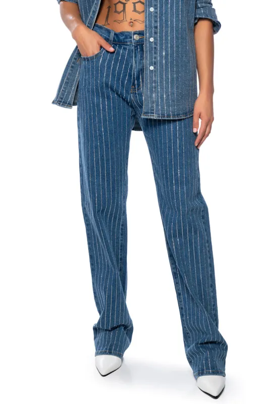 EFFORTLESS GLAM RHINESTONE STRIPE WIDE LEG JEAN sold by AKIRA