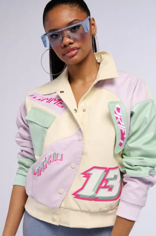 ANGEL EYES PASTEL PU COLOR BLOCK BOMBER sold by AKIRA