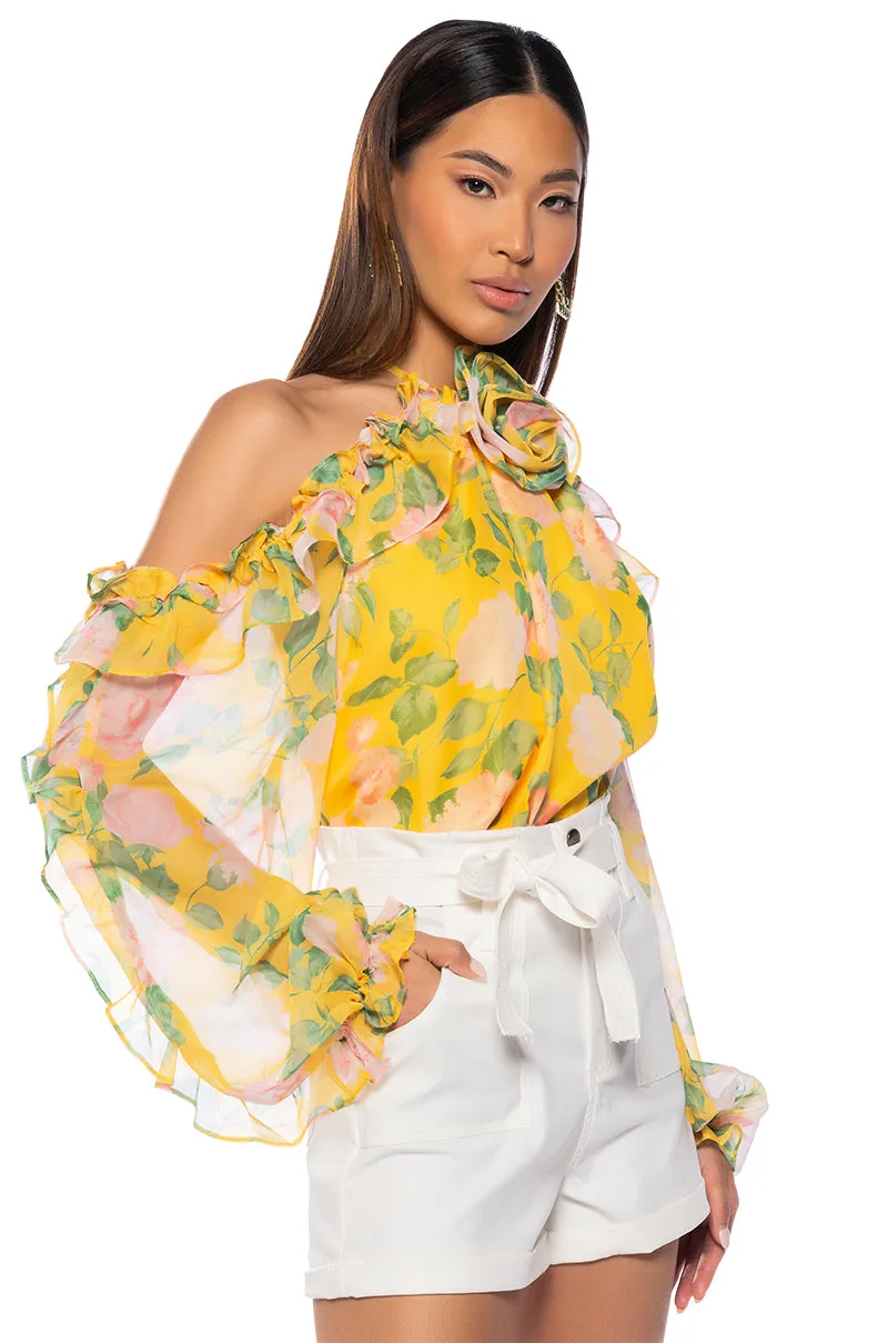 MISTY FLORAL PRINT COLD SHOULDER CHIFFON BLOUSE sold by AKIRA product image thumbnail 2