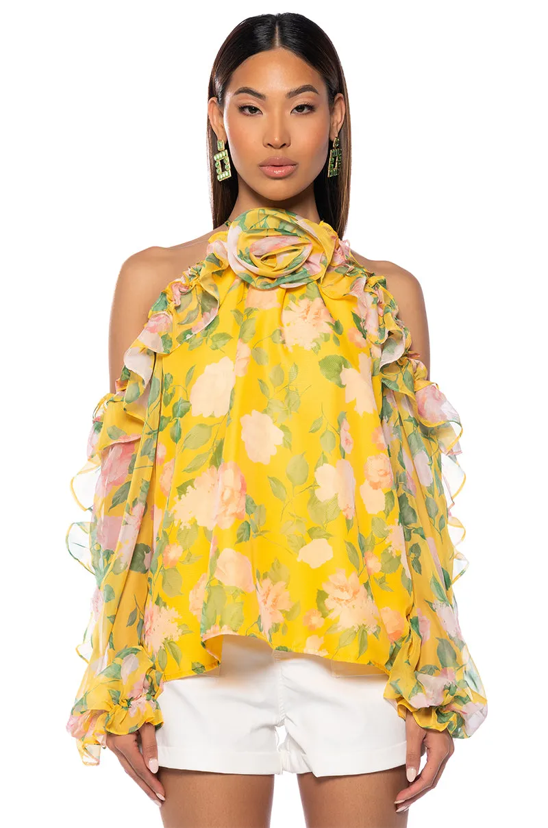 MISTY FLORAL PRINT COLD SHOULDER CHIFFON BLOUSE sold by AKIRA product image thumbnail 3