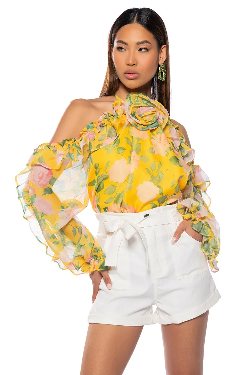 MISTY FLORAL PRINT COLD SHOULDER CHIFFON BLOUSE sold by AKIRA