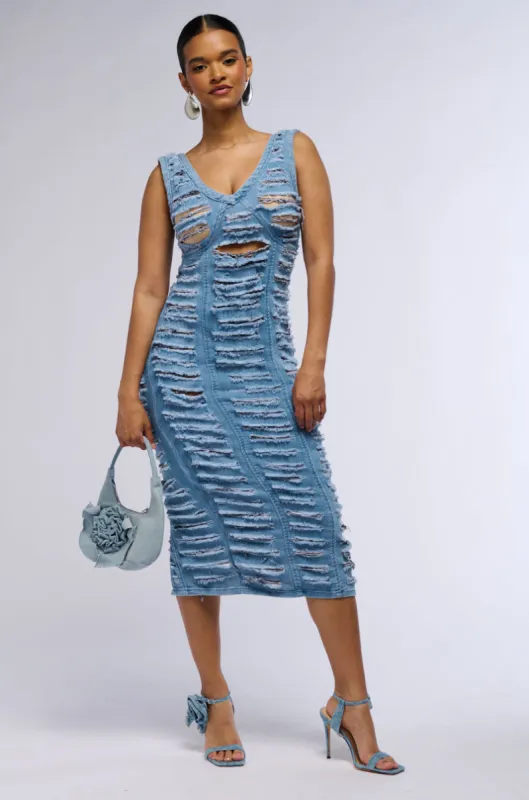 SHE'S GOT IT SHREDDED DENIM MIDI DRESS sold by AKIRA