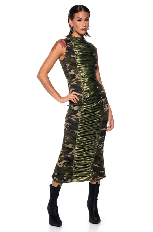 NOW YOU SEE ME RUCHED CAMO MIDI DRESS sold by AKIRA