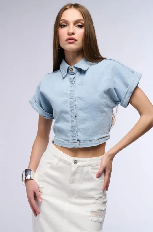 NOT IN THE MOOD CROPPED DENIM SHIRT sold by AKIRA