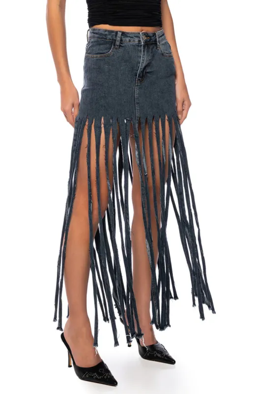 LOST AT SEA FRINGE DENIM MAXI SKIRT sold by AKIRA