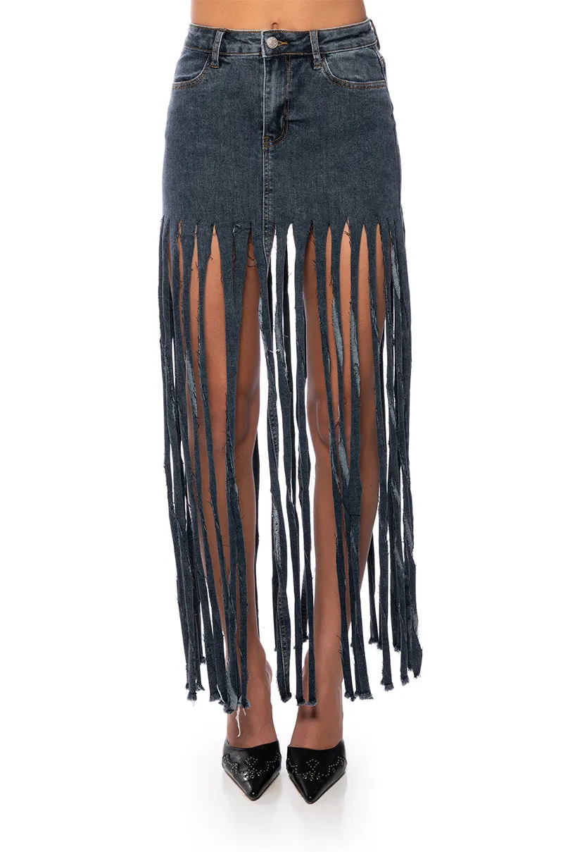 LOST AT SEA FRINGE DENIM MAXI SKIRT sold by AKIRA product image thumbnail 5