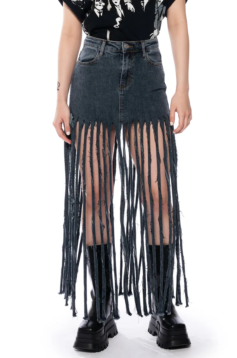 LOST AT SEA FRINGE DENIM MAXI SKIRT sold by AKIRA product image thumbnail 2