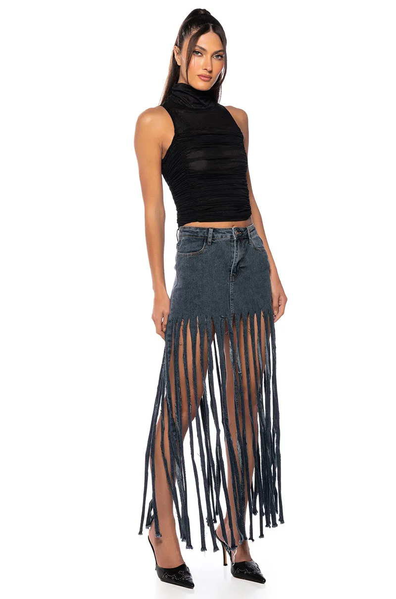LOST AT SEA FRINGE DENIM MAXI SKIRT sold by AKIRA product image thumbnail 3