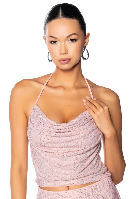 GLITZY RHINESTONE MESH HALTER TOP sold by AKIRA