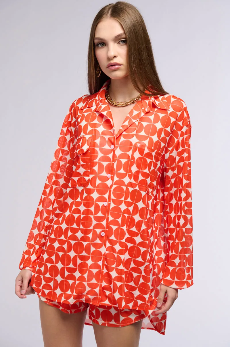 GIVE ME MONEY HONEY PRINTED MESH BUTTON DOWN BLOUSE sold by AKIRA