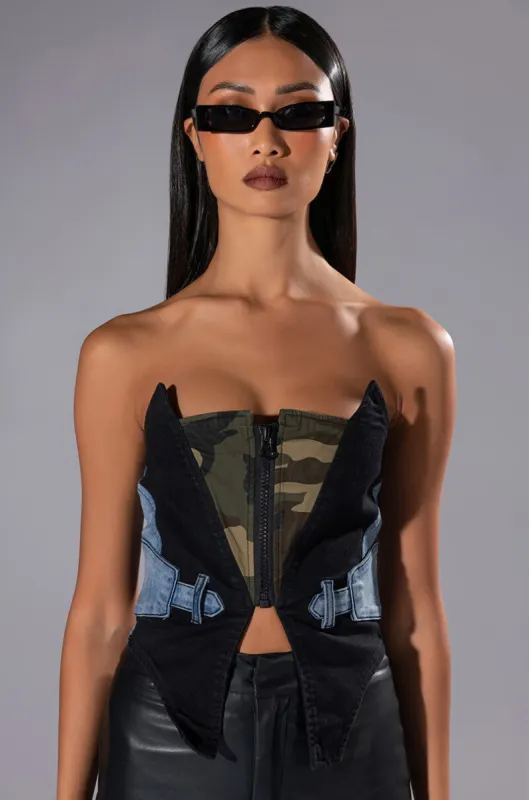 AVIATOR CAMO AND DENIM CORSET TOP sold by AKIRA