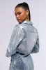 METALLIC DENIM BUTTON DOWN CROP JACKET sold by AKIRA