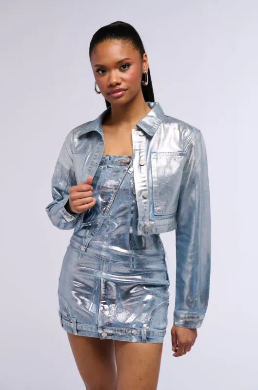 METALLIC DENIM BUTTON DOWN CROP JACKET sold by AKIRA