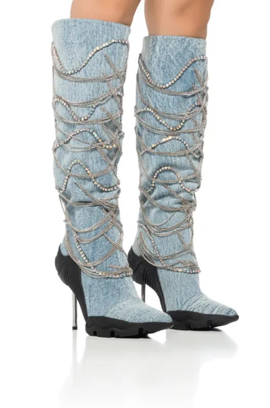 AZALEA WANG TATY DENIM CHAIN EMBELLISHED BOOT sold by AKIRA