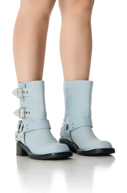 AZALEA WANG CALLALILY DENIM BUCKLE BOOTIE sold by AKIRA