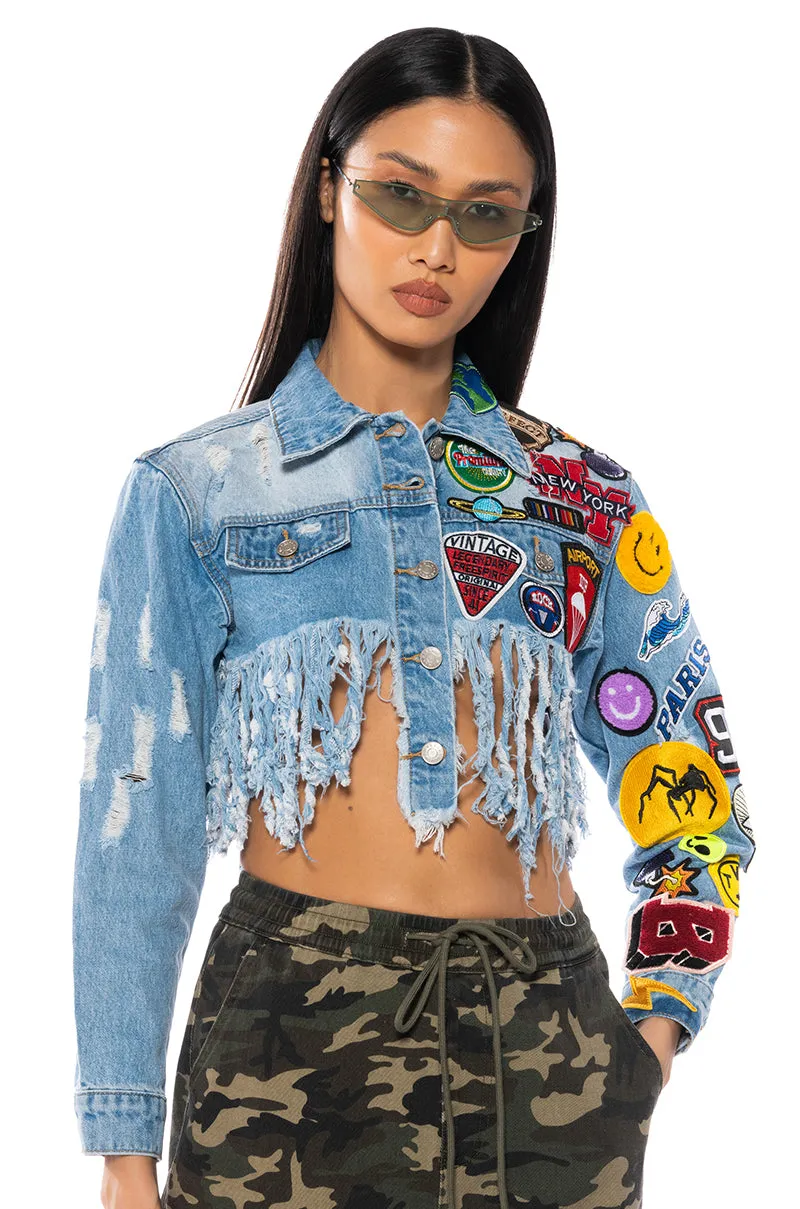 ULTRA CROP DENIM JACKET WITH PATCHES sold by AKIRA