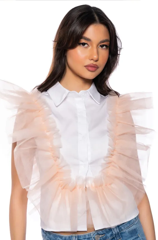 WINGIN IT RUFFLE BUTTON DOWN sold by AKIRA