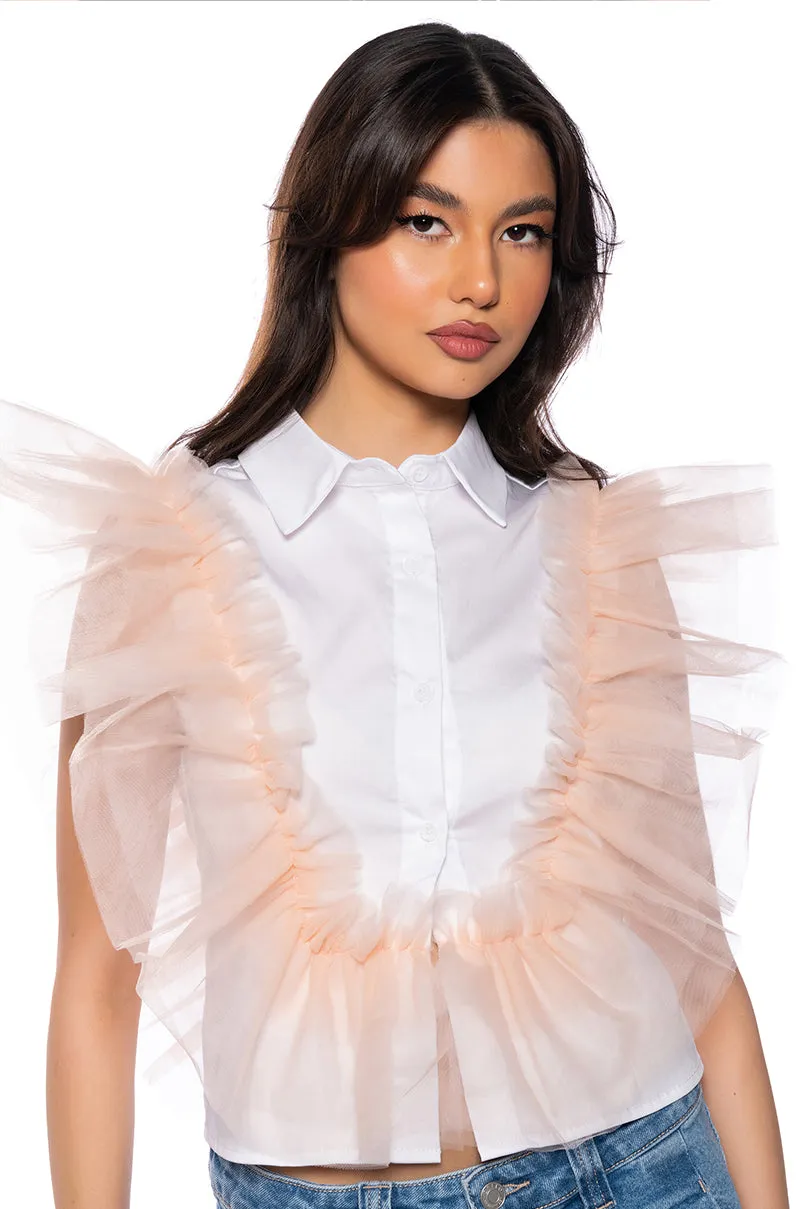 WINGIN IT RUFFLE BUTTON DOWN sold by AKIRA