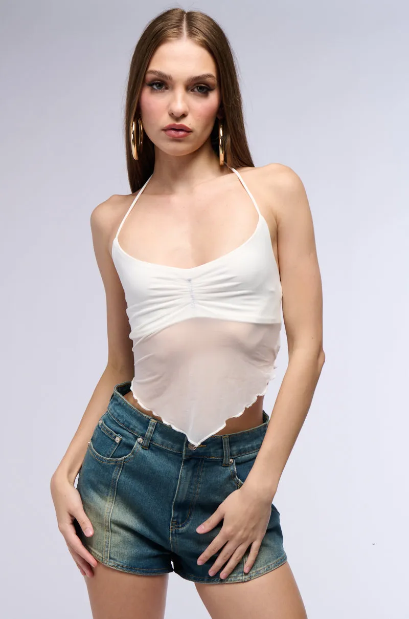 ALL YOUR LOVE HALTER TIE NECK MESH CROP TANK IN WHITE sold by AKIRA