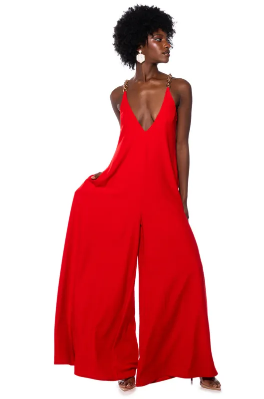 SICILY OVERSIZED SLEEVELESS JUMPSUIT IN RED made by AKIRA