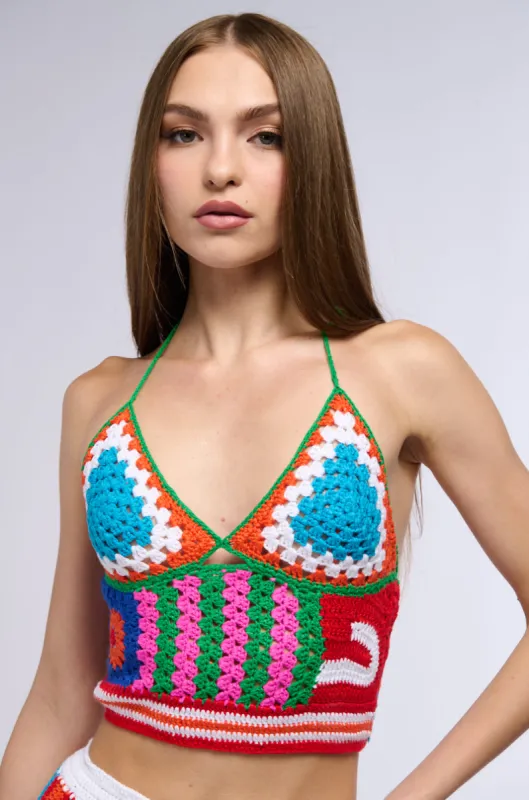 NEAR THE REEF CROCHET CROPPED HALTER TANK sold by AKIRA