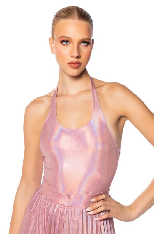KEIRA METALLIC SLEEVELESS BODYSUIT IN PINK sold by AKIRA