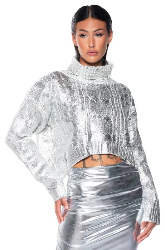 ESME SILVER METALLIC SWEATER sold by AKIRA