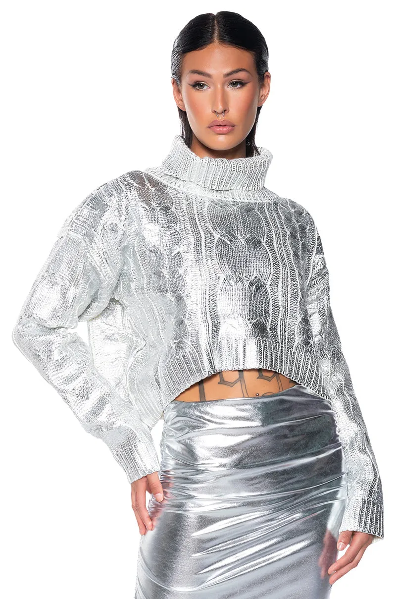 ESME SILVER METALLIC SWEATER sold by AKIRA