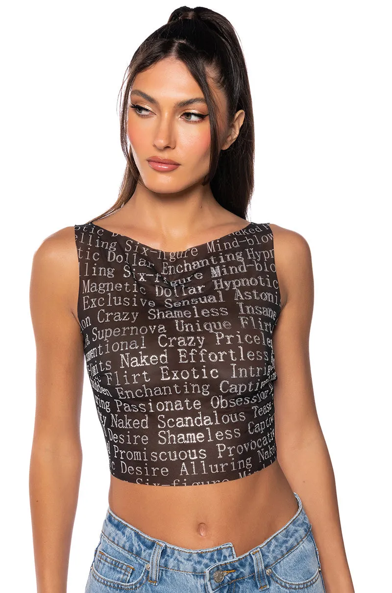 TALK IS CHEAP EMBELLISHED PRINT TANK TOP IN BLACK sold by AKIRA
