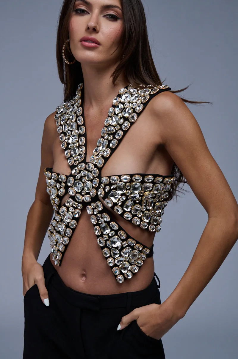 RHINESTONE ENCRUSTED DRAMATIC TOP sold by AKIRA